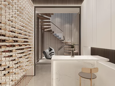 Modern Interior Space With Unique Wall Staircase And Marble Counter 3d model