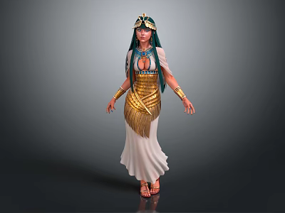 Egyptian Style Female Character With Golden Headdress Long Blue Hair White Dress Golden Bracelets And Sandals 3d model