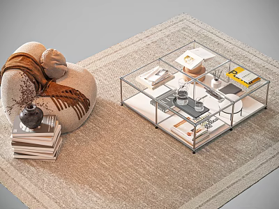 Modern Glass Coffee Table With Books Vase And Beige Sofa On Carpet 3d model