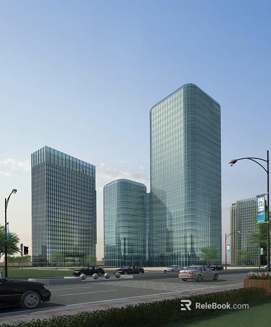 Modern High Rise Office Towers With Glass Facade And Urban Street Greenery 3d model 