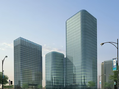 Modern High Rise Office Towers With Glass Facade And Urban Street Greenery 3d model