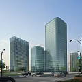 Modern High Rise Office Towers With Glass Facade And Urban Street Greenery