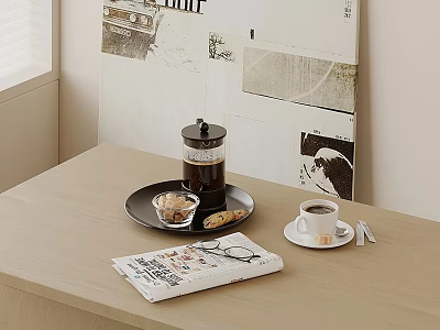 Coffee Dessert And Cookies On Black Tray With Newspaper On Wooden Table 3d model