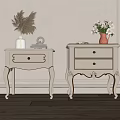 White Bedside Tables with Gold Accents and Flower Vases on Light Wall Wooden Floor