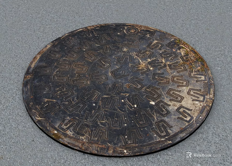 Road Facility Circular Metal Manhole Cover With Intricate Patterns On Pavement 3d model 