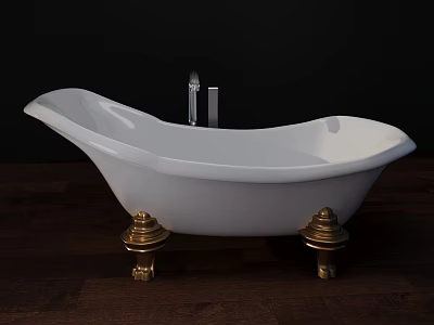 Freestanding White Bathtub with Gold Brass Legs on Dark Wooden Floor 3d model