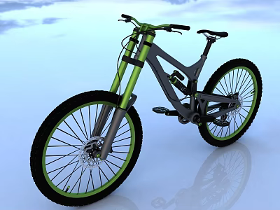 Green and Gray Mountain Bike With Large Wheels And Off Road Fork Design 3d model