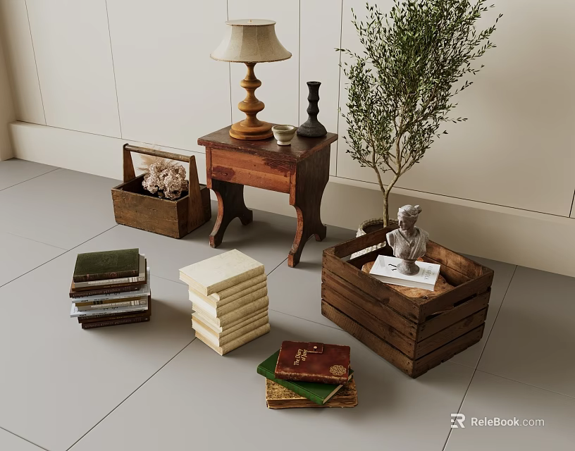 Home Decor Display With Wooden Side Table Lamp Stacked Books Crate Statue And Potted Plant 3d model 