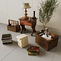 Home Decor Display With Wooden Side Table Lamp Stacked Books Crate Statue And Potted Plant