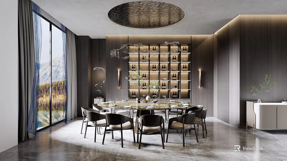 Elegant Private Dining Room Interior With Round Table Wine Rack And Scenic Windows 3d model