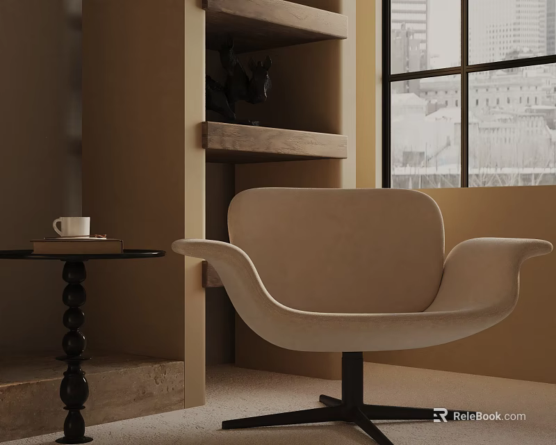 Beige Accent Chair with Black Base Side Table holding White Mug near Window and Bookshelf 3d model 