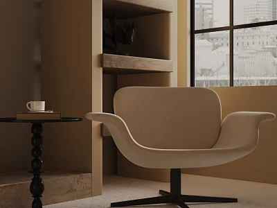 Beige Accent Chair with Black Base Side Table holding White Mug near Window and Bookshelf 3d model