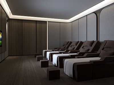 Serene SPA Sauna Interior Design With Comfortable Lounge Seats Soft Lighting And Wooden Elements 3d model