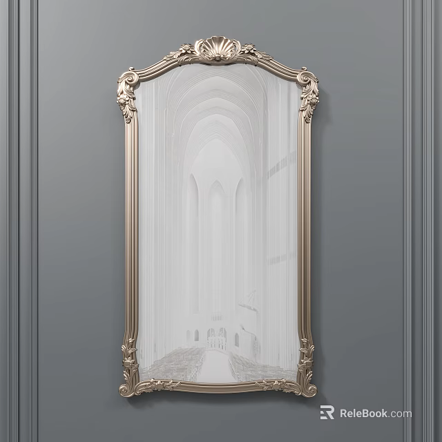 Ornate Gold Framed Mirror On Gray Wall Reflecting Arched Hallway Design 3d model 
