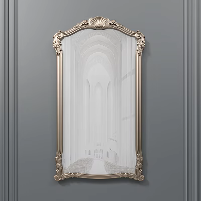 Ornate Gold Framed Mirror On Gray Wall Reflecting Arched Hallway Design 3d model