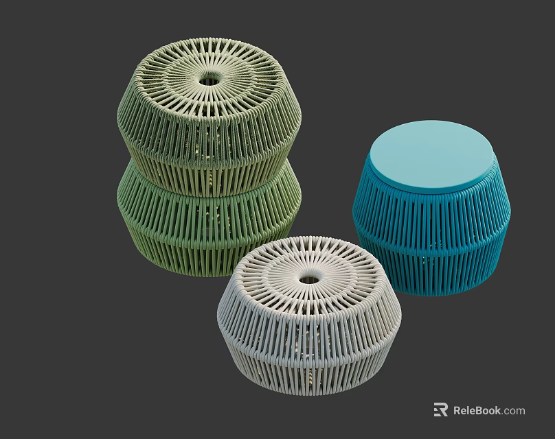Modern Woven Stools in Green Blue and Gray with Hollow Geometric Design 3d model 