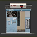 Blue Photo Booth Structure With Photos Sign Red Logo Door And Base