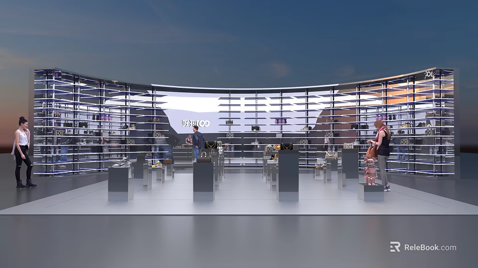 Modern Exhibition Space With Curved Glass Walls And Display Stands Featuring Visitors 3d model 