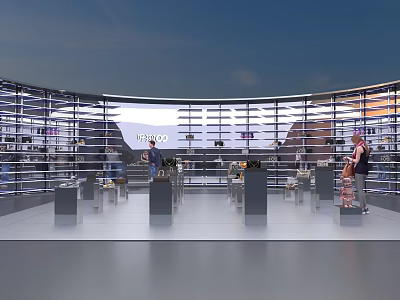 Modern Exhibition Space With Curved Glass Walls And Display Stands Featuring Visitors 3d model