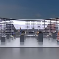 Modern Exhibition Space With Curved Glass Walls And Display Stands Featuring Visitors