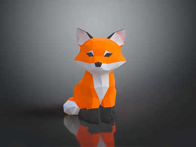 Low Poly Style Orange Fox Figurine With White Ears Black Paws And Dark Background Reflection 3d model
