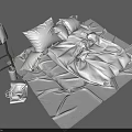 Double Bed with White Sheets Comforter Beside Ladder Shelf Hanging White Cloths Vase and Bag
