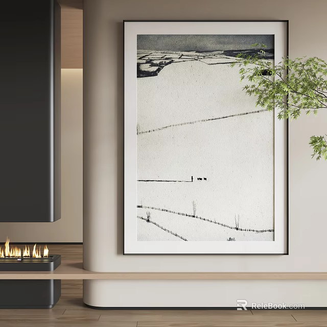 Abstract Painting with Minimalist Linear Texture in Modern Framed Interior Wall Art 3d model 