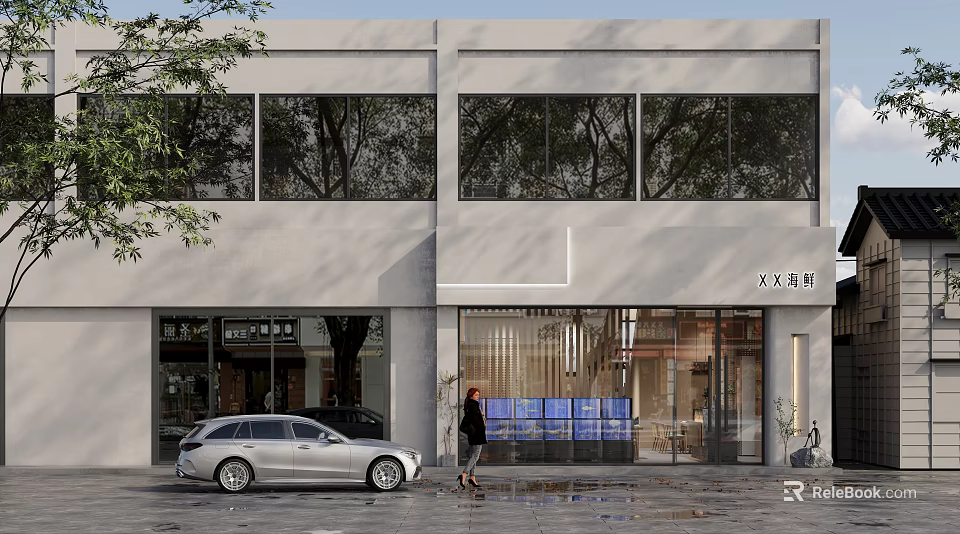 Modern Storefront Facade Design With Concrete Glass Large Windows And Glass Door Entrance 3d model 