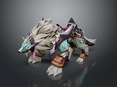 Fantasy Armored Wolf Creature With Gray Fur Decorative Armor And Glowing Teal Accents 3d model