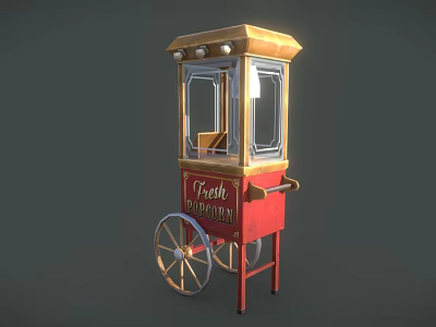 Red And Gold Popcorn Cart With Transparent Windows Wheels Top Lights And Golden Popcorn Sign 3d model