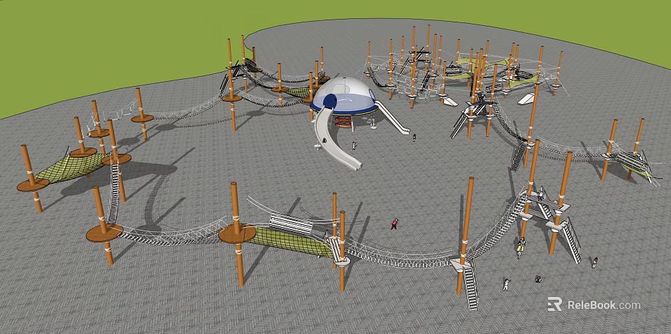 Outdoor Playground With Climbing Nets Wooden Posts Slide And Dome Structure 3d model