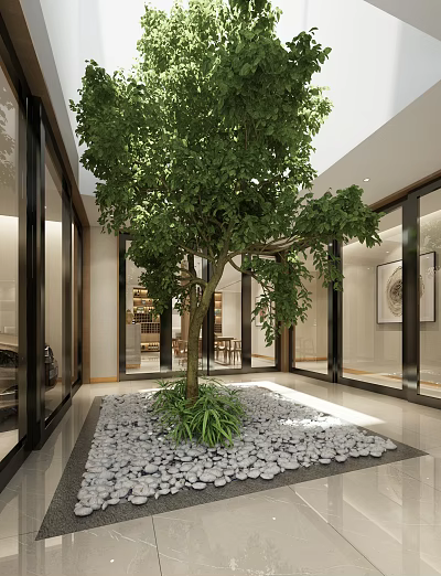 Modern Indoor Open Space With Large Tree Glass Doors And Gravel Floor 3d model
