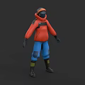 Man In 3D Model Wearing Orange Jacket Blue Pants And Black Boots With Helmet