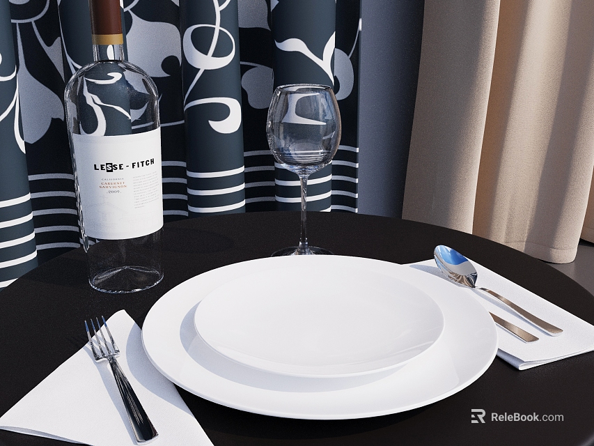 Stylish Dinnerware Set with White Plates Forks Spoons Wine Glass on Black Table and Curtains 3d model 