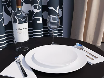 Stylish Dinnerware Set with White Plates Forks Spoons Wine Glass on Black Table and Curtains 3d model