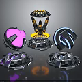 Futuristic Sci-Fi Technology Devices with Metallic Glowing Structures Sphere Ring and Tower like Pedestals 3d model