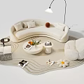 Modern Curved Sofa and Round Coffee Table Set with Pillows Floor Lamp and Plush Stool