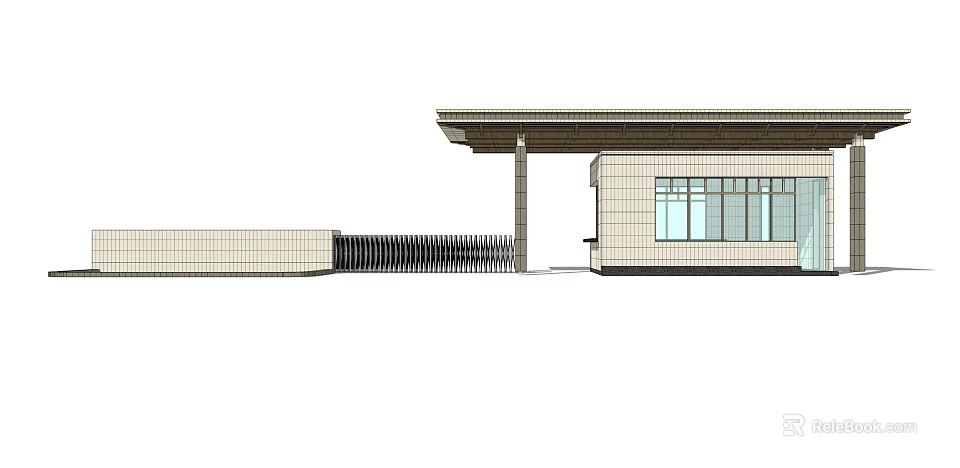 Modern Entrance Gate With Black Metal Railings And Overhanging Roof On Light Colored Building 3d model 