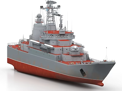 Gray Red Warship With Multi Deck Superstructure And Radar Antennas 3d model