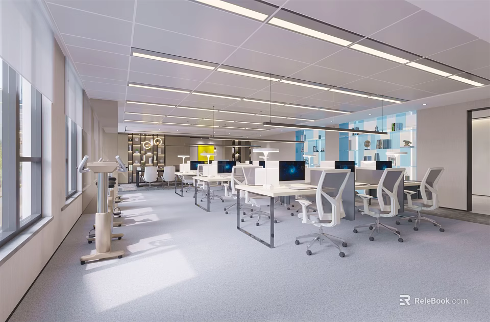 Public Office Space With Modern Design Workstations Ergonomic Chairs Computers Ceiling Lighting And Large Windows 3d model