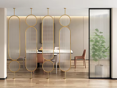 Gold Framed Glass Screen In Modern Dining Room With Table And Chair 3d model