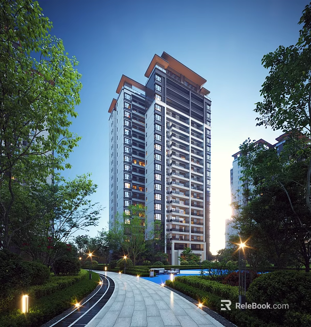 Modern High Rise Residential Building Surrounded by Lush Greenery and Pool Area in Sunlight 3d model 