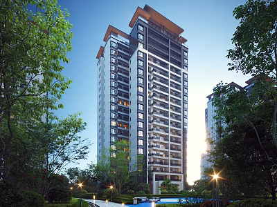 Modern High Rise Residential Building Surrounded by Lush Greenery and Pool Area in Sunlight 3d model