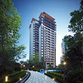 Modern High Rise Residential Building Surrounded by Lush Greenery and Pool Area in Sunlight