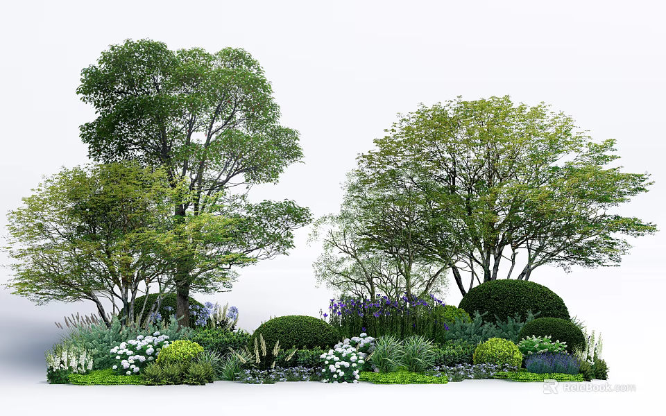 Tall Trees With Lush Green Foliage Pruned Shrubs And Colorful Flowers In Garden Landscape 3d model 