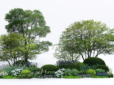 Tall Trees With Lush Green Foliage Pruned Shrubs And Colorful Flowers In Garden Landscape 3d model
