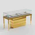 Golden Display Shelf With Glass Top And Textured Base For Showcasing Items