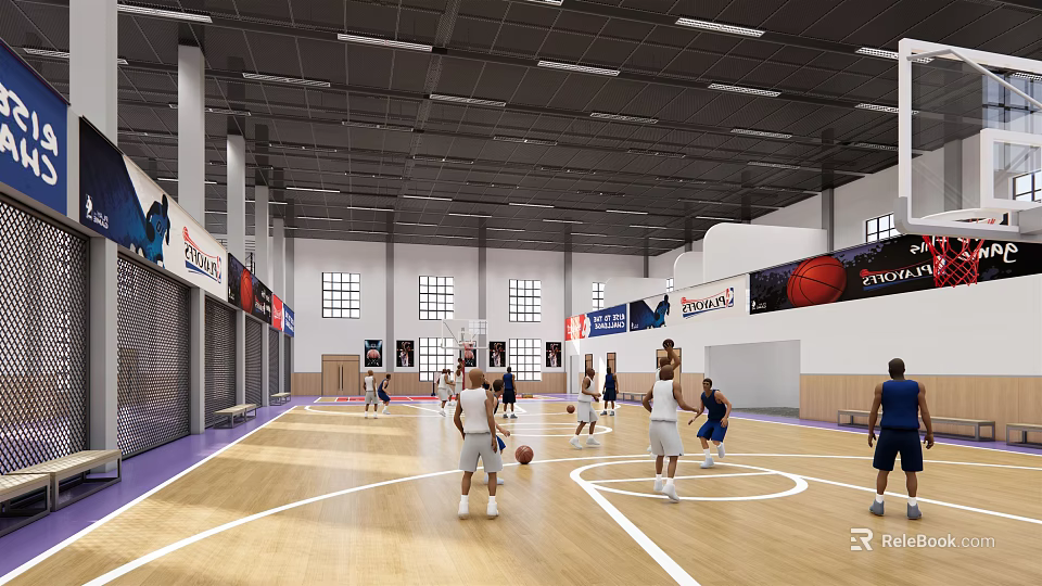 Indoor Basketball Court With Players Playing Basketball On Wooden Floor And Bright Lighting 3d model 