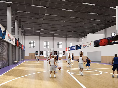 Indoor Basketball Court With Players Playing Basketball On Wooden Floor And Bright Lighting 3d model
