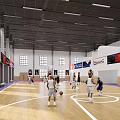 Indoor Basketball Court With Players Playing Basketball On Wooden Floor And Bright Lighting